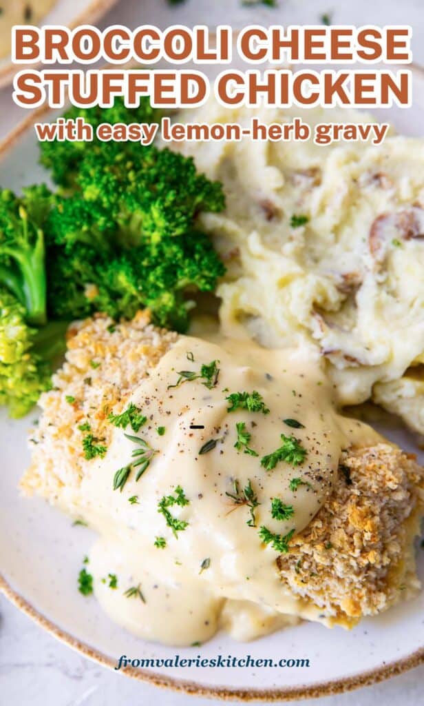 A top down shot of chicken with a creamy sauce on plates with mashed potatoes and broccoli with text.