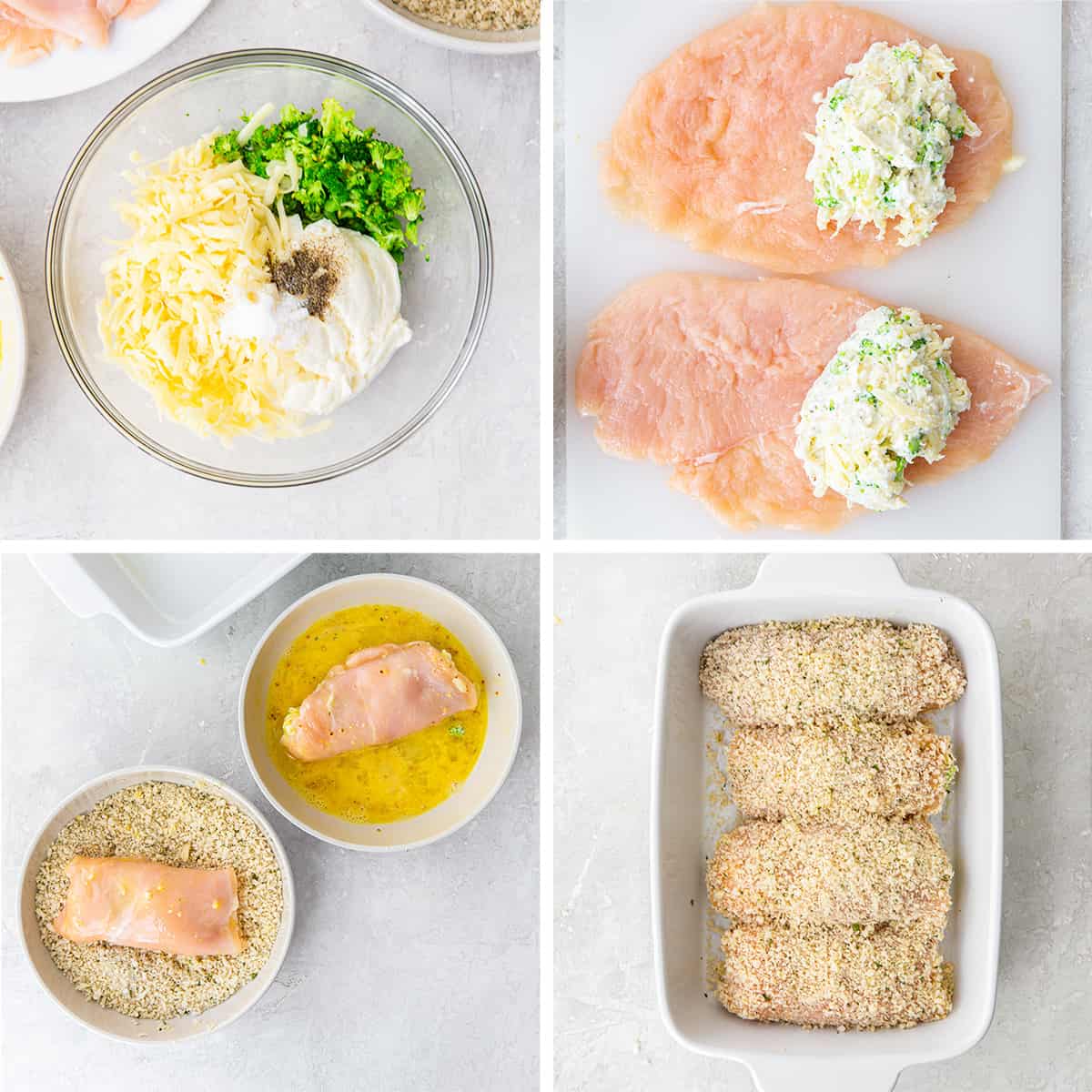 Four images show a broccoli cheese mixture in a bowl and on chicken breasts before being rolled up and breaded.