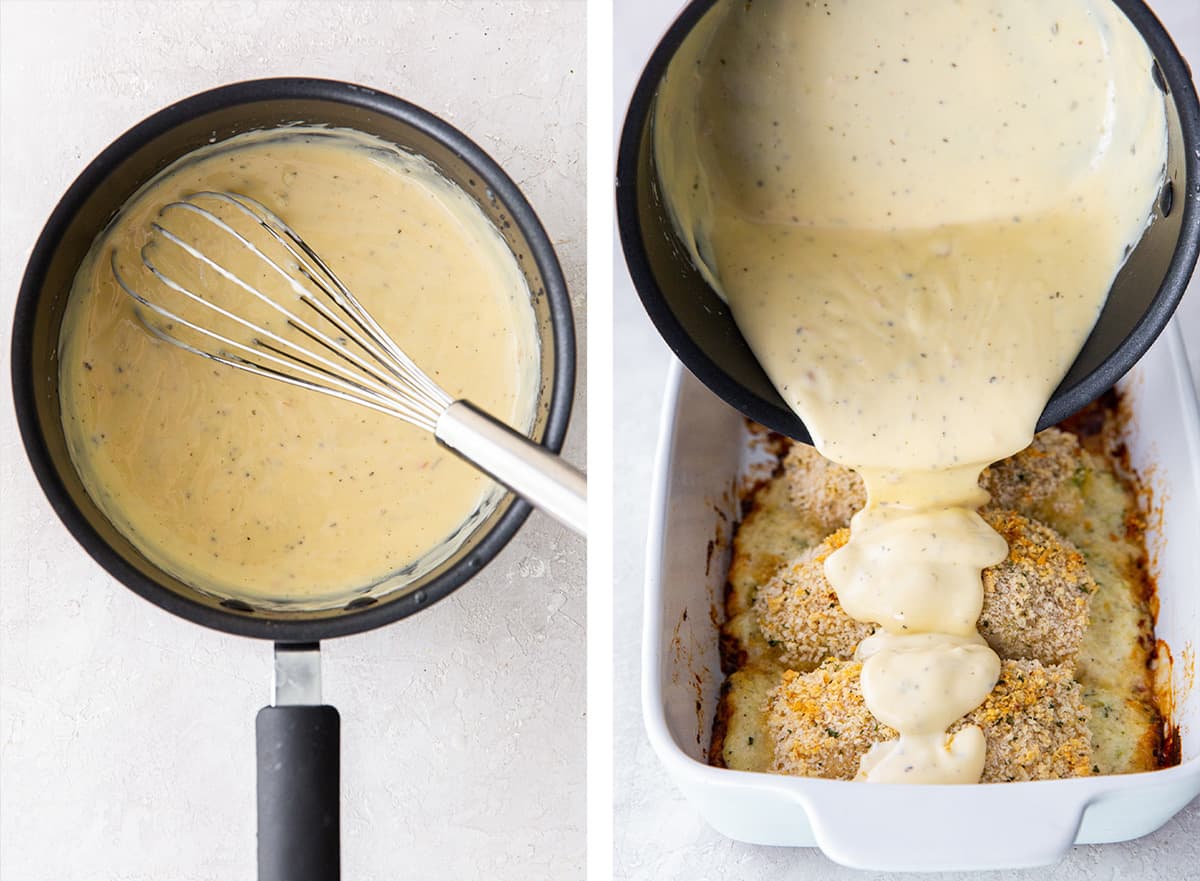 A creamy sauce in a saucepan with a whisk and being poured over breaded chicken in a baking dish.