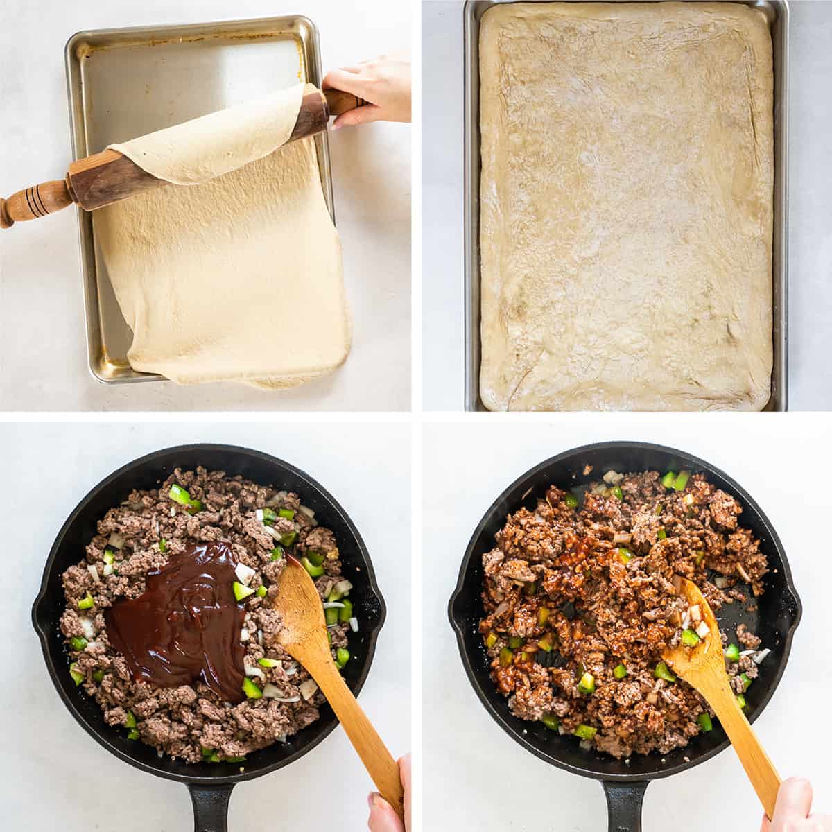 A rolling pin sets pizza dough on a baking sheet and a ground beef mixture is cooked in a cast iron skillet.