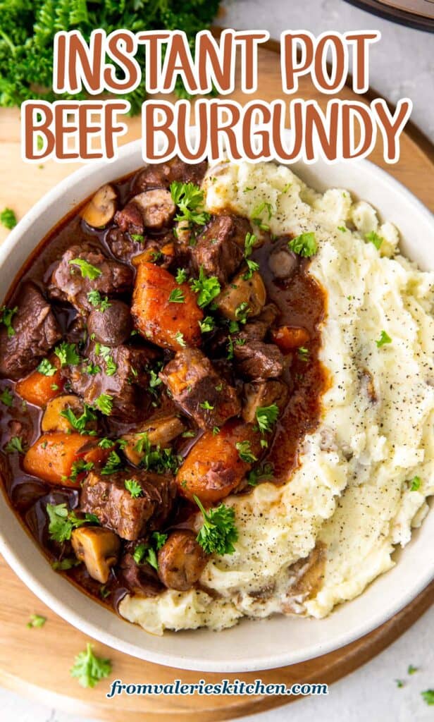 A top down view of a white bowl filled with beef burgundy and mashed potatoes with text.