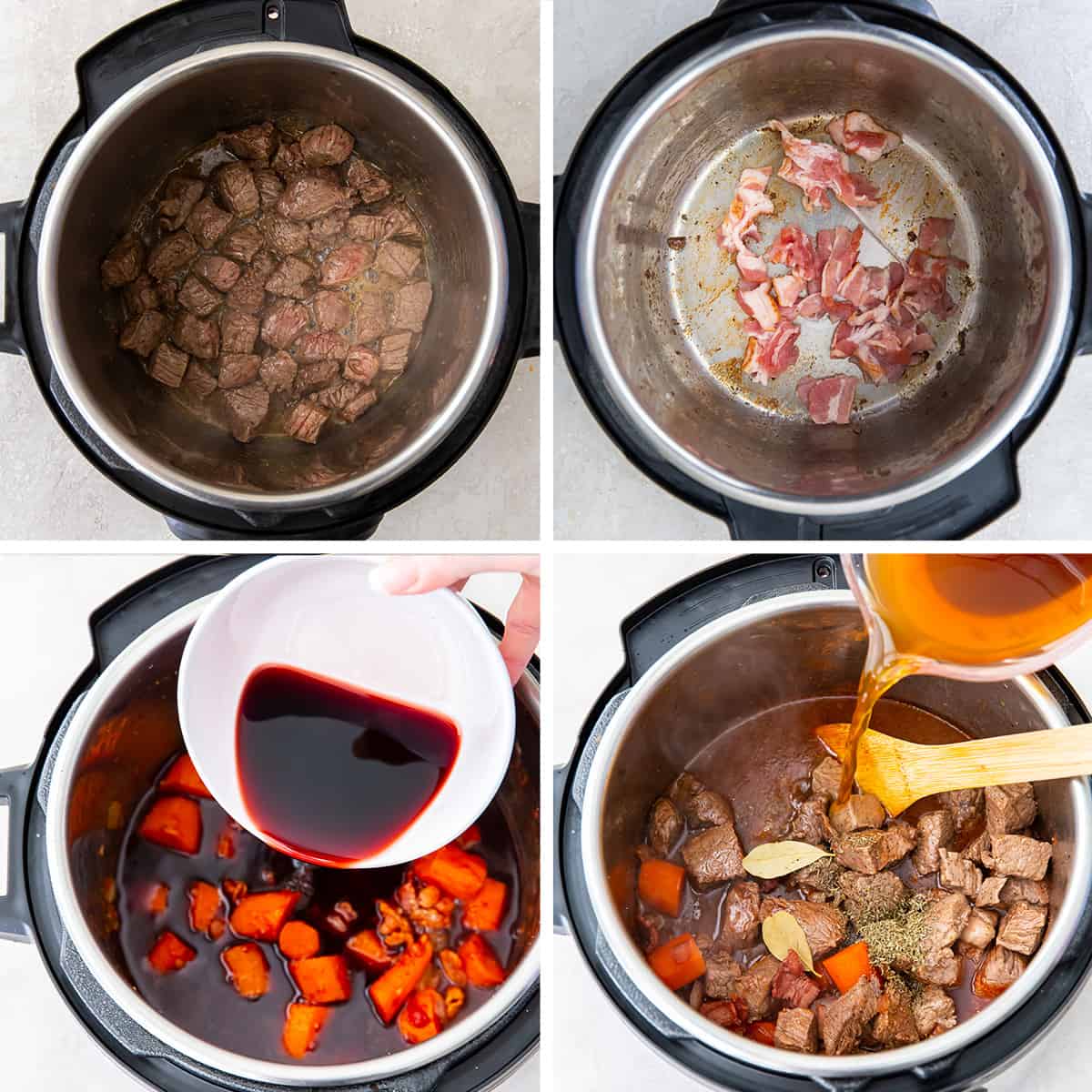Four images of beef, carrots, wine , and broth cooking in an Instant Pot.