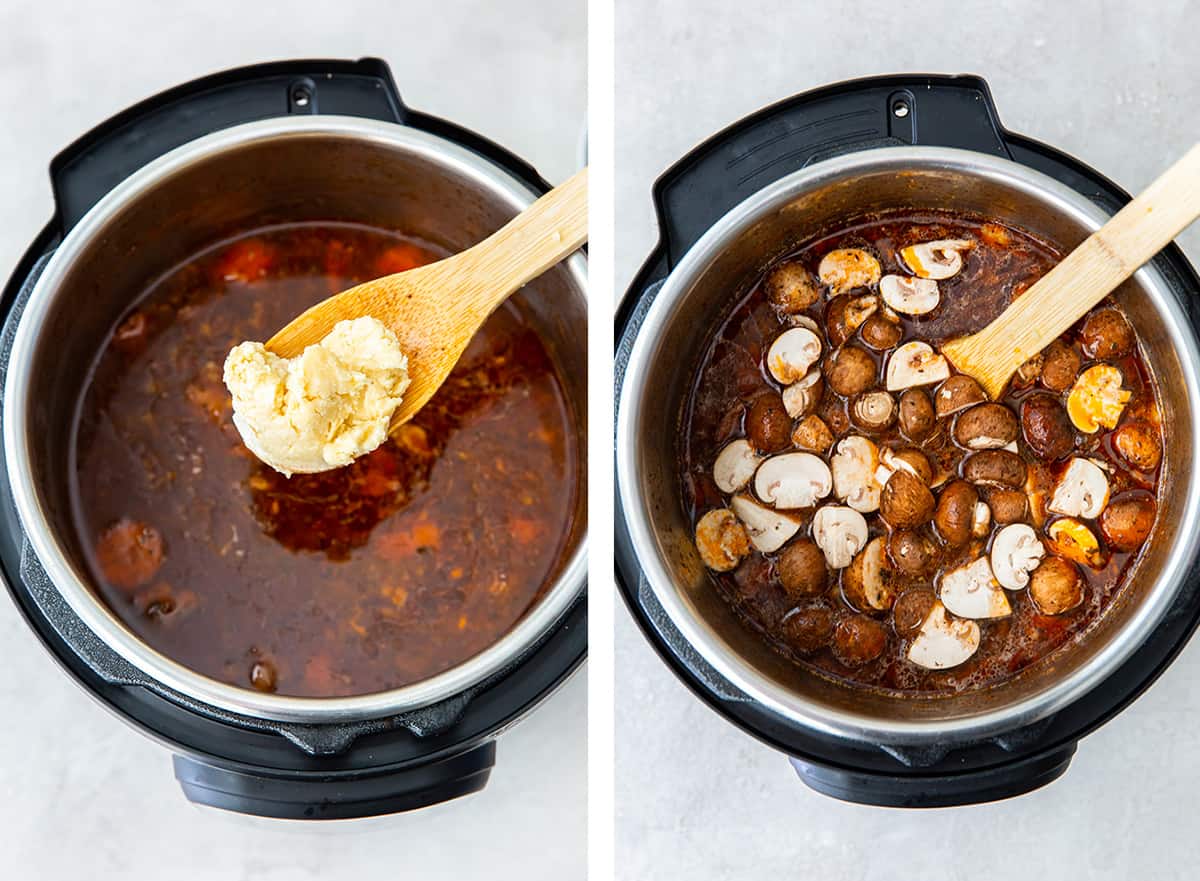 A wooden spoon with a butter and flour mixture hovering over an Instant Pot and a wooden spoon stirring beef burgundy with mushrooms in an Instant Pot.