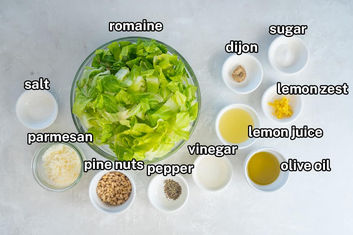 Romaine, parmesan, lemon juice and other ingredients in bowls with text.