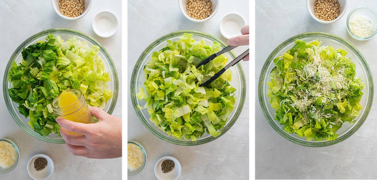 Three images showing lemon dressing and parmesan added to romaine lettuce in a large bowl.