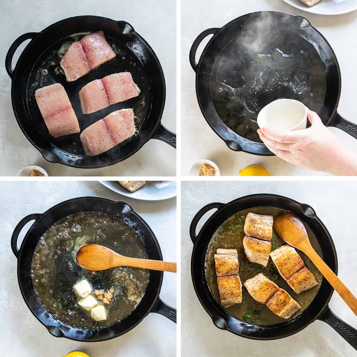 Four images showing mahi mahi fillets in a cast iron skillet, lemon butter sauce is made, and the fish is returned to the skillet with the sauce.