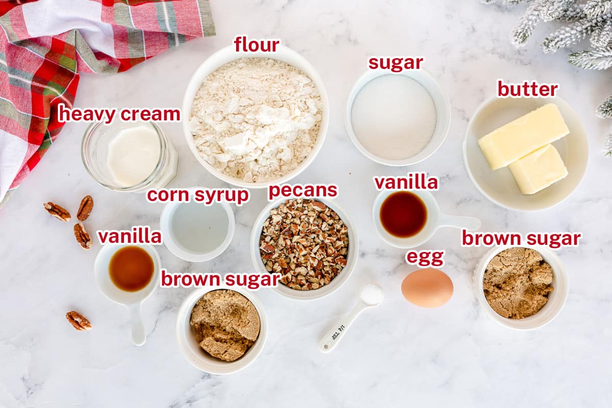 Cookie ingredients in bowls on a white surface with text.