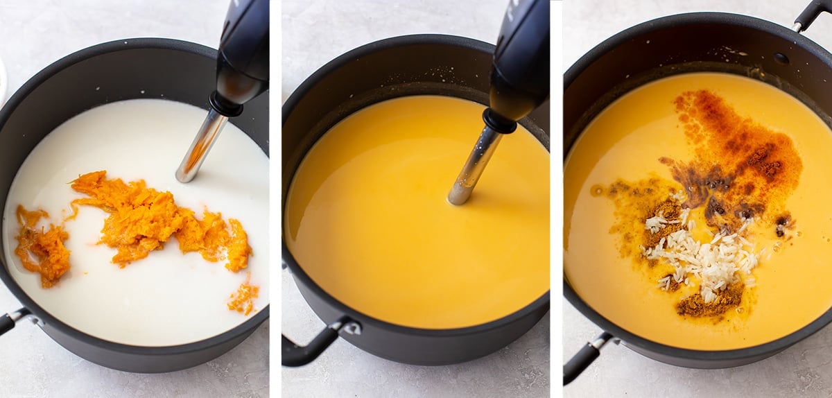 Three images of coconut milk, sweet potato, spices, and white rice in a large pot.