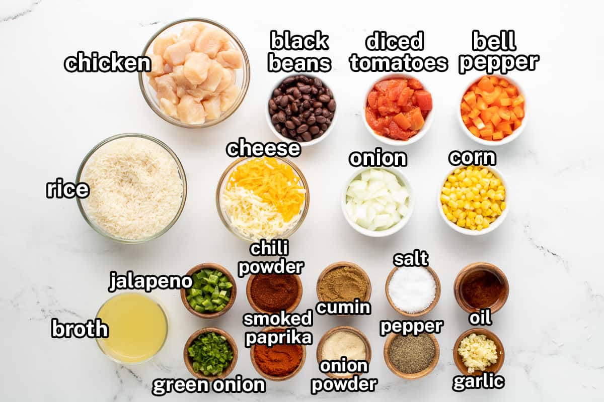 Chicken, rice, broth and other ingredients in bowls on a white surface with text.