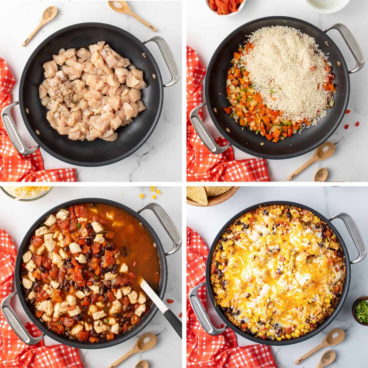 Four images of chicken, peppers, onions, rice and other ingredients cooking in a skillet.