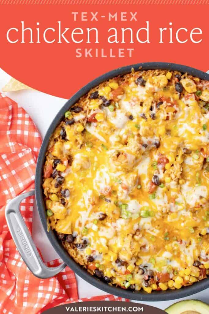 Tex Mex Chicken and Rice Skillet with text overlay.