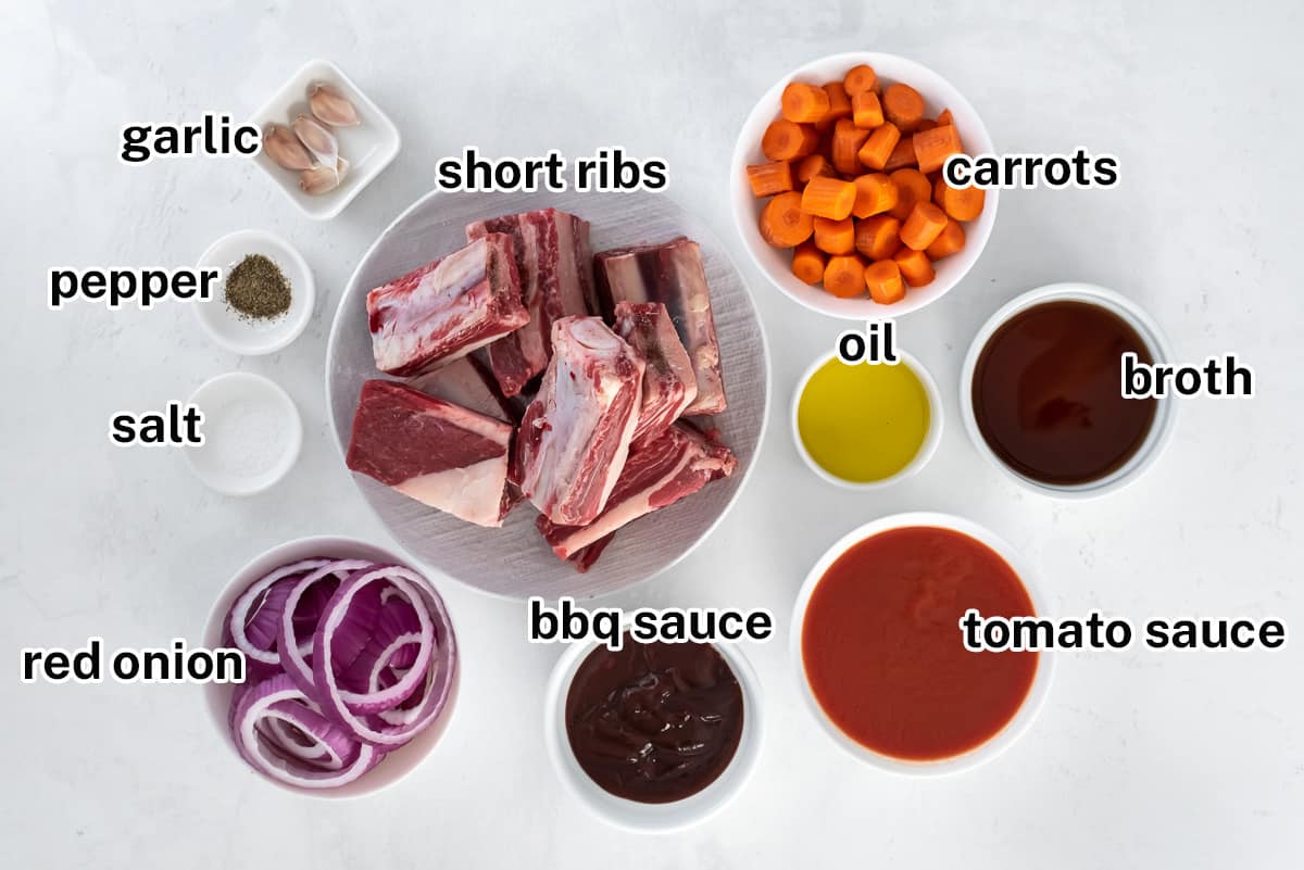 Short ribs, BBQ sauce, and other ingredients in bowls with text.