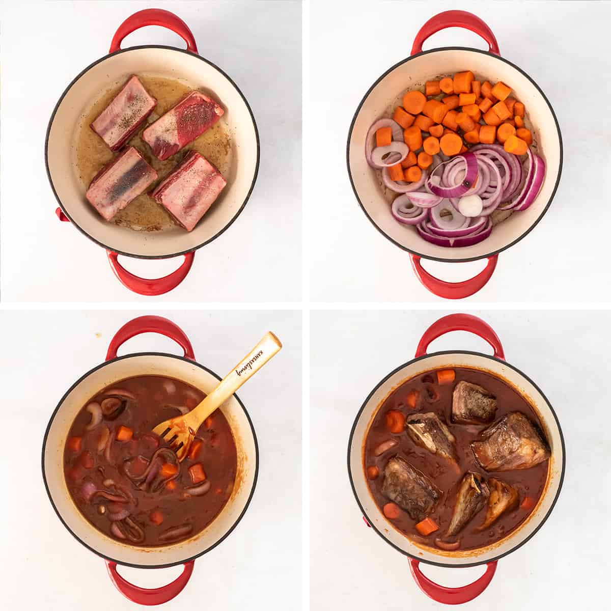 Four images of short ribs, carrots, and sauce being made in a Dutch oven.