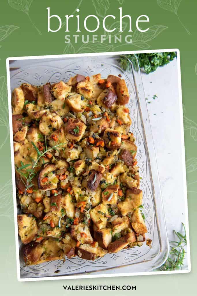 Brioche stuffing in a glass baking dish with text overlay.