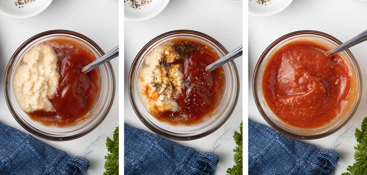 Ingredients combined in a small bowl to make homemade cocktail sauce.