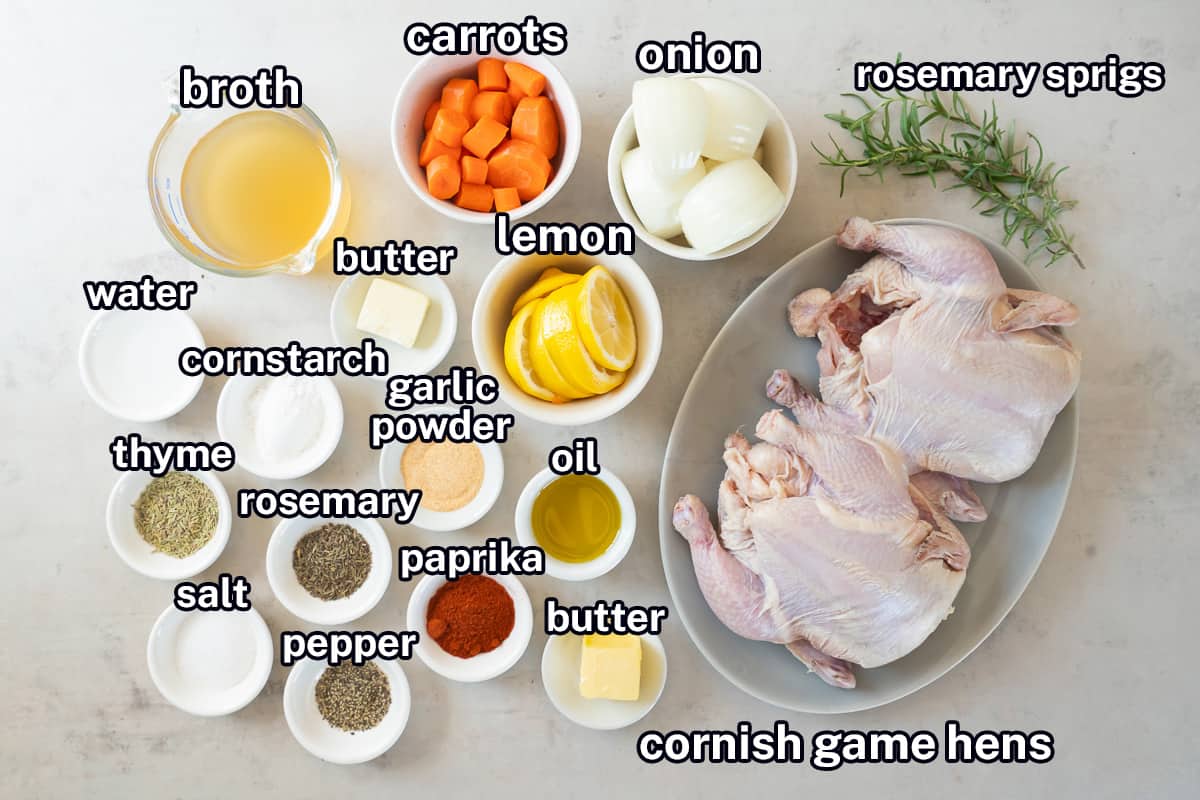 The ingredients to make Roasted Cornish Game Hens with text.