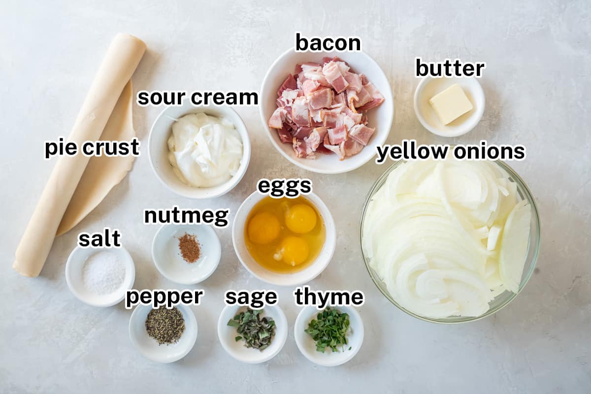 Pie crust, onions, and other ingredients with text.
