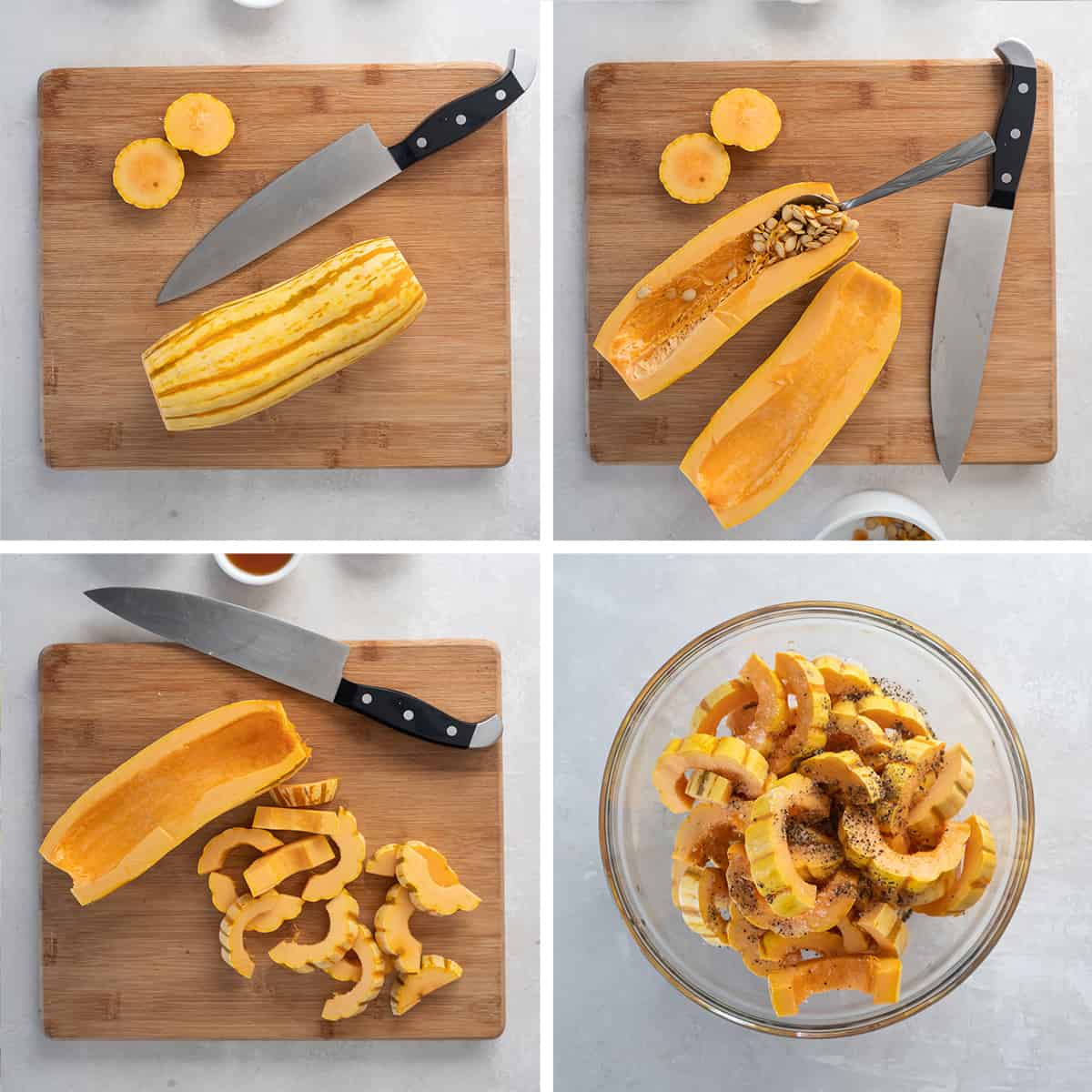 Four images of delicata squash being sliced on a cutting board and in a mixing bowl.