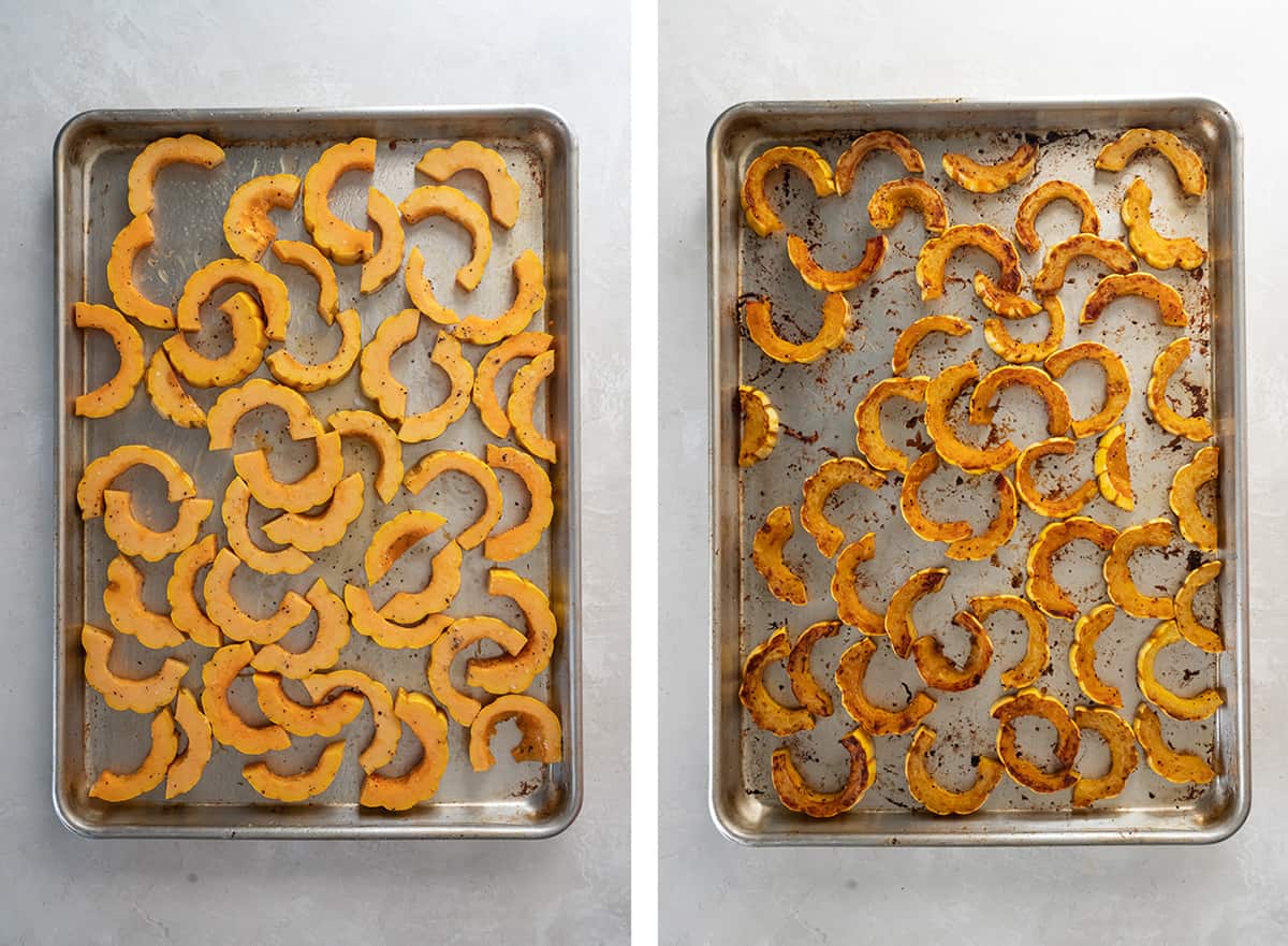 Two images of sliced delicata squash on a baking sheet before and after being roasted.