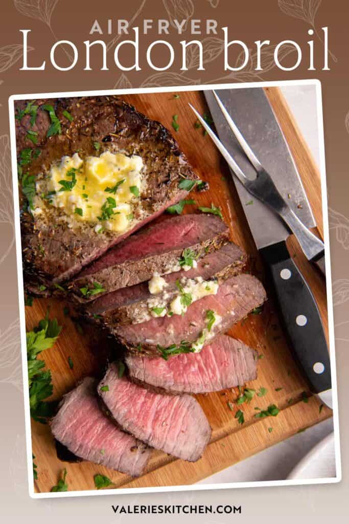 Sliced London broil on a cutting board with text overlay.