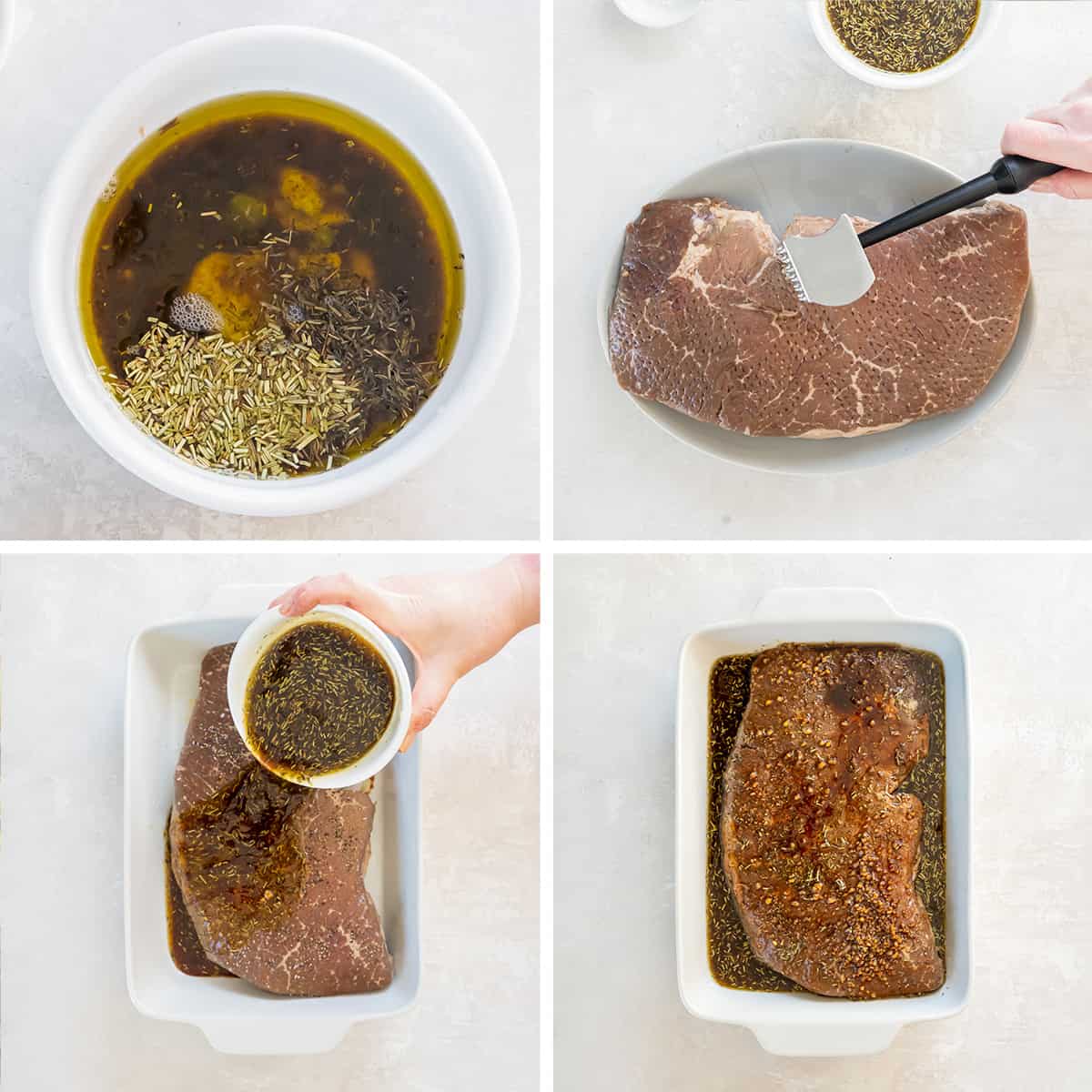 Four images of London broil marinade, a hand pounding a round steak with a meat mallet, and a top round steak in a dish with marinade.
