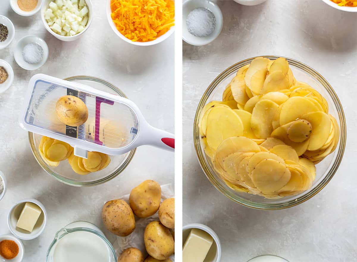 Two images of a potato being sliced with a mandolin placed over a bowl and a bowl filled with sliced potatoes.