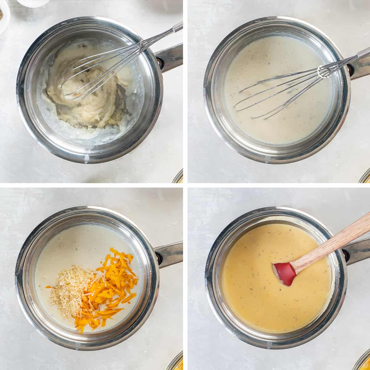 Four images showing butter a flour whisked with milk and cheese to make a bechamel cheese sauce.