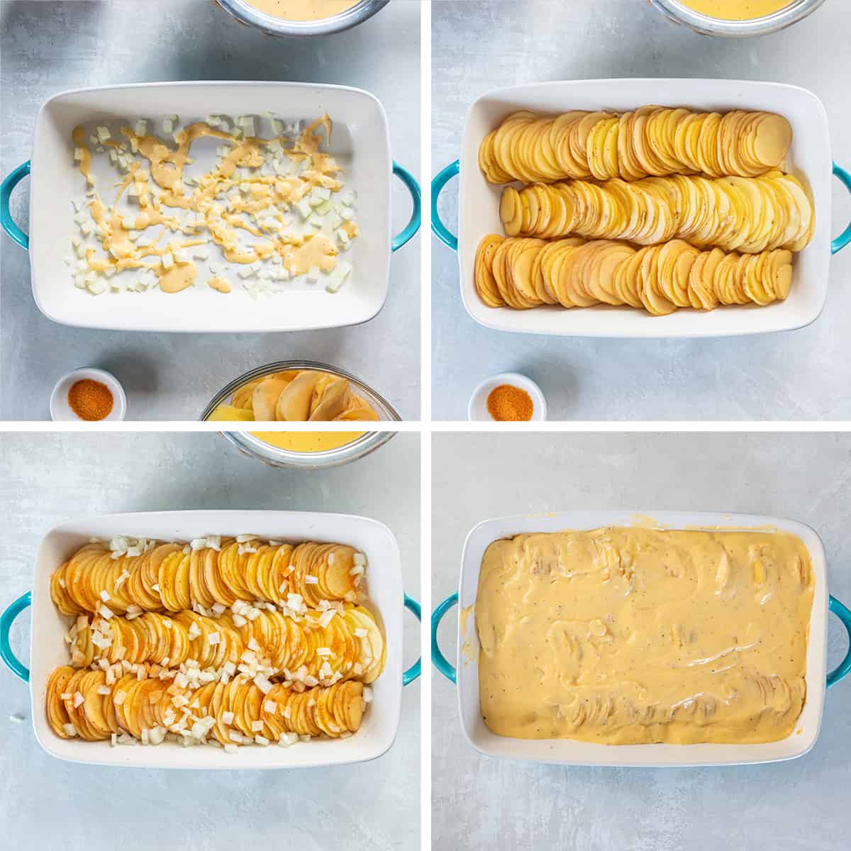 Four images showing onions and potatoes layered in a baking dish and topped with cheese sauce.