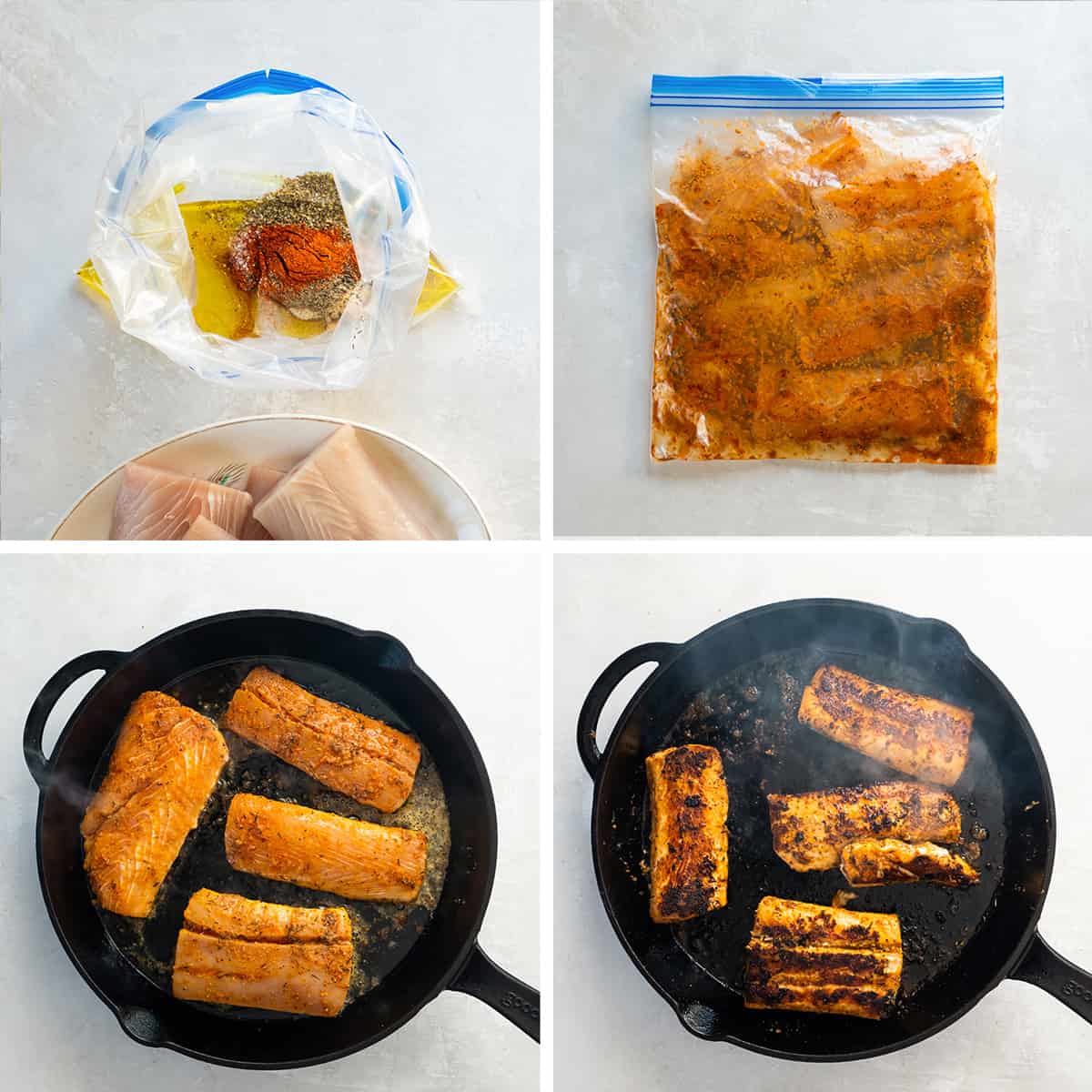 Fish fillets marinating in a seasoning and oil mixture in a plastic storage bag. The marinated fillets cooking in a cast iron skillet.