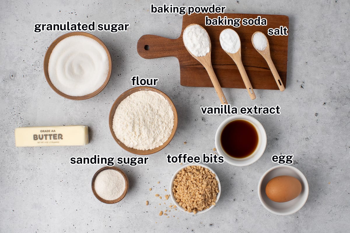 Flour, sugar, and other cookie ingredients with text.