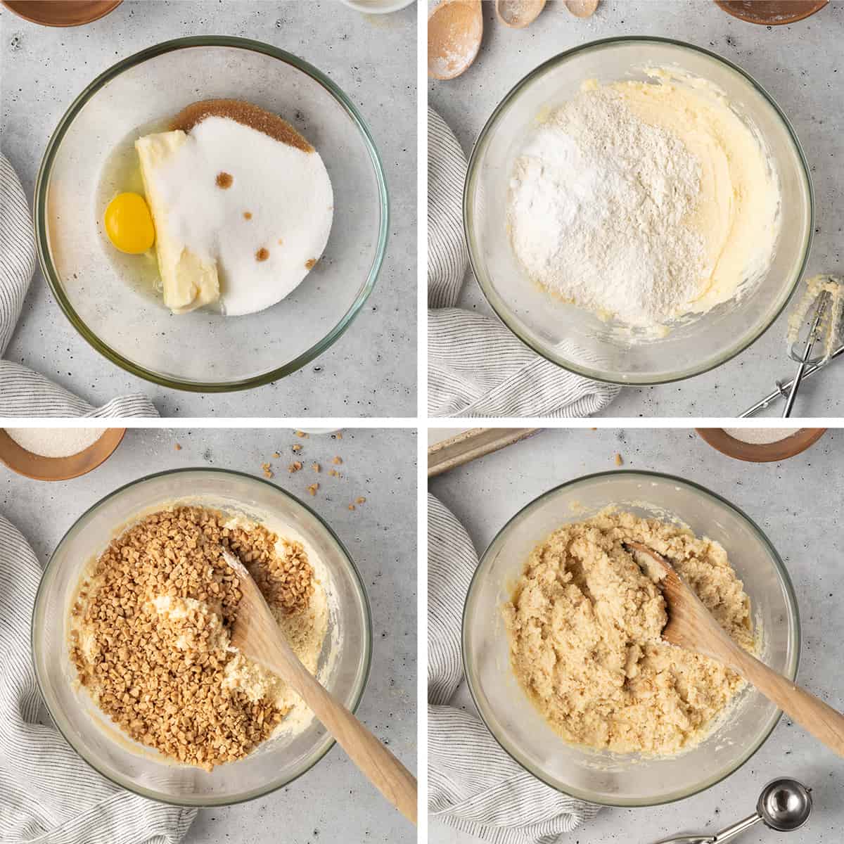 Four images of cookie dough being made in a glass bowl.