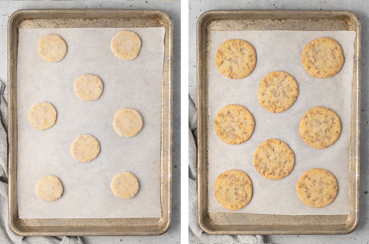 Two images showing a baking sheet with uncooked cookie dough and the cookies on the sheet after being baked.
