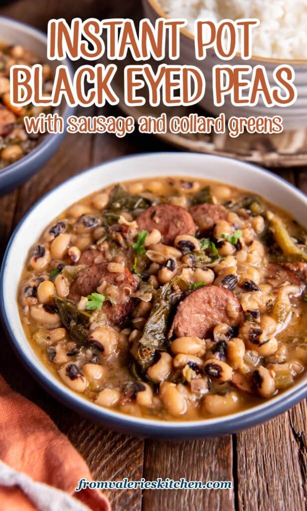 Two bowls of black eyed peas in front of a bowl of white rice with text.