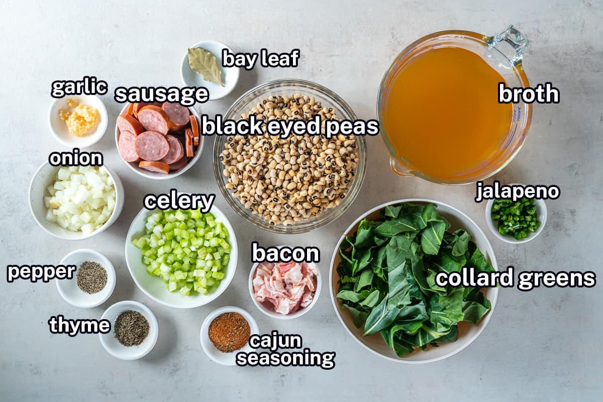 Black eyed peas, collard greens and other ingredients in bowls with text.