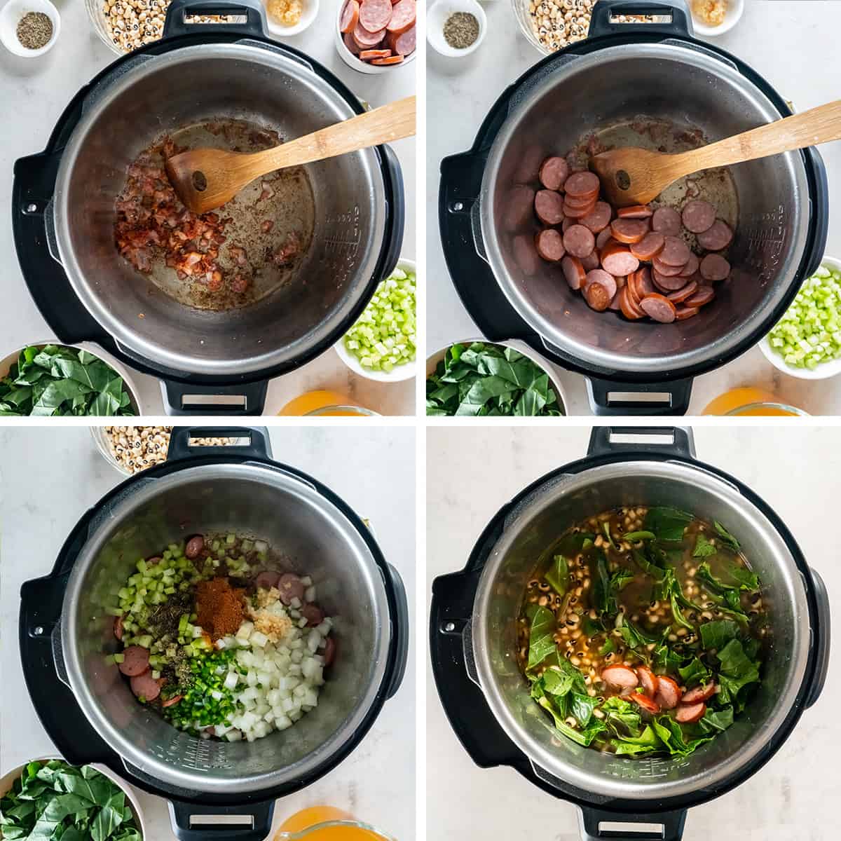 Black eyed peas, sausage, and other ingredients cooking in an Instant Pot.