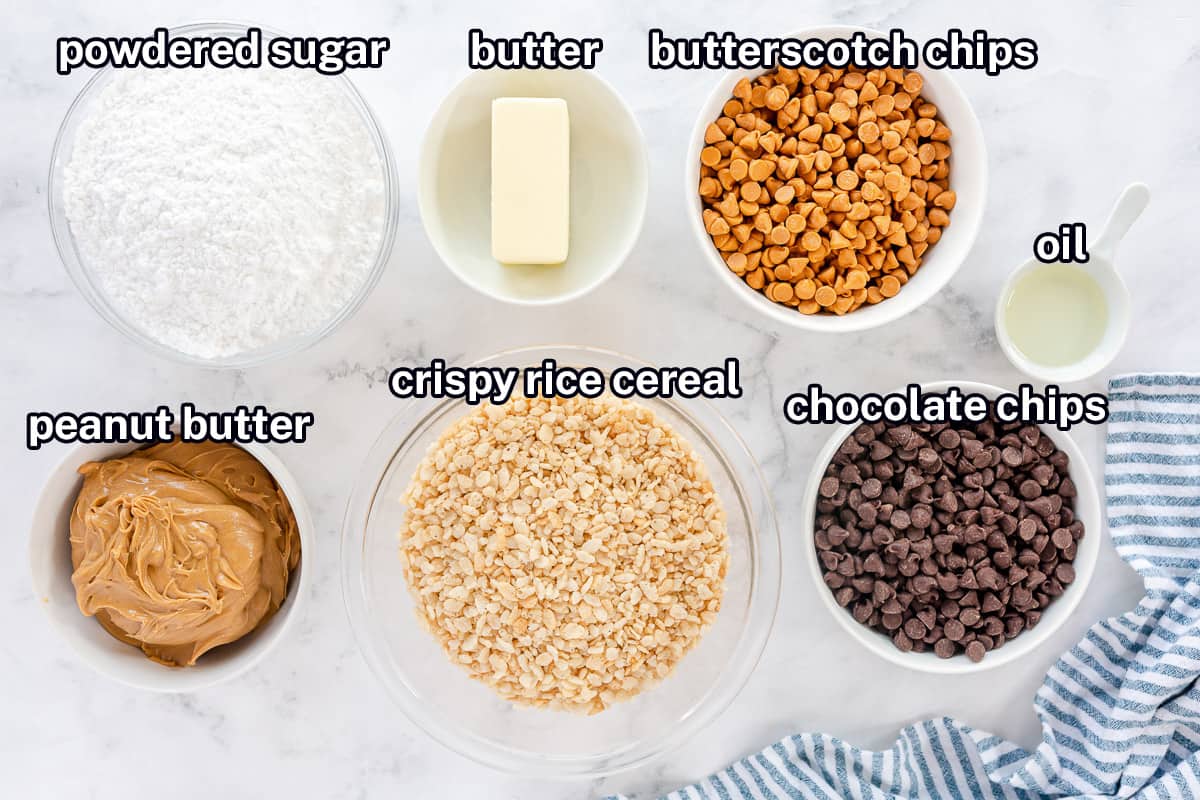 Rice Krispies, powdered sugar, chocolate chips, butterscotch chips, butter, and oil in small bowls with text.