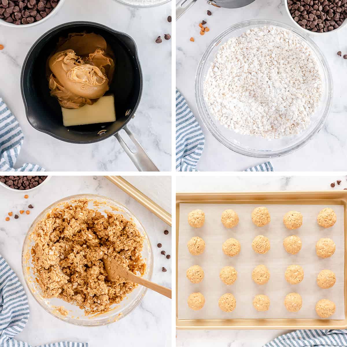 A four image collage - peanut butter and butter in a saucepan, powdered sugar and Rice Krispies with the peanut butter mixture in a bowl. and balls of the mixture on a baking sheet.