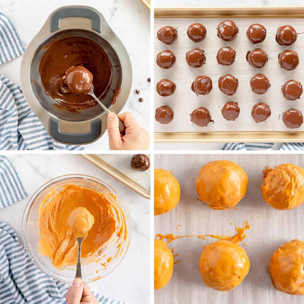A four image collage -A bon bon is lifted from a pan of metled chocolate. Chocolate dipped bon bons on a baking sheet. butterscotch coated bon bon is lifted from a bowl. Butterscotch bon bons on a baking sheet.
