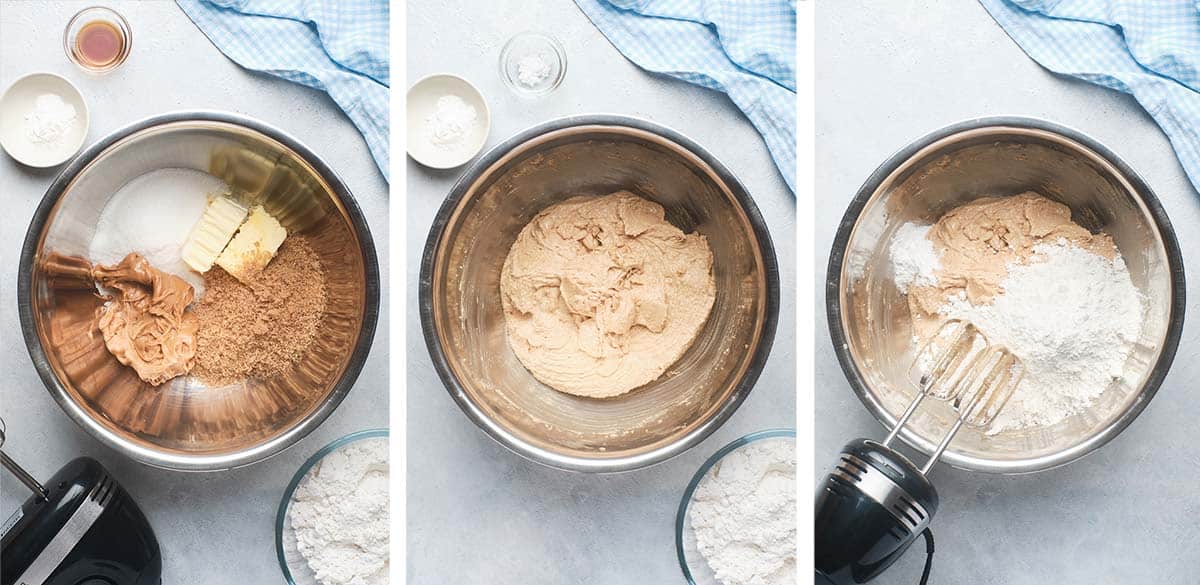 Three images of peanut butter cookie dough being made in a metal mixing bowl.