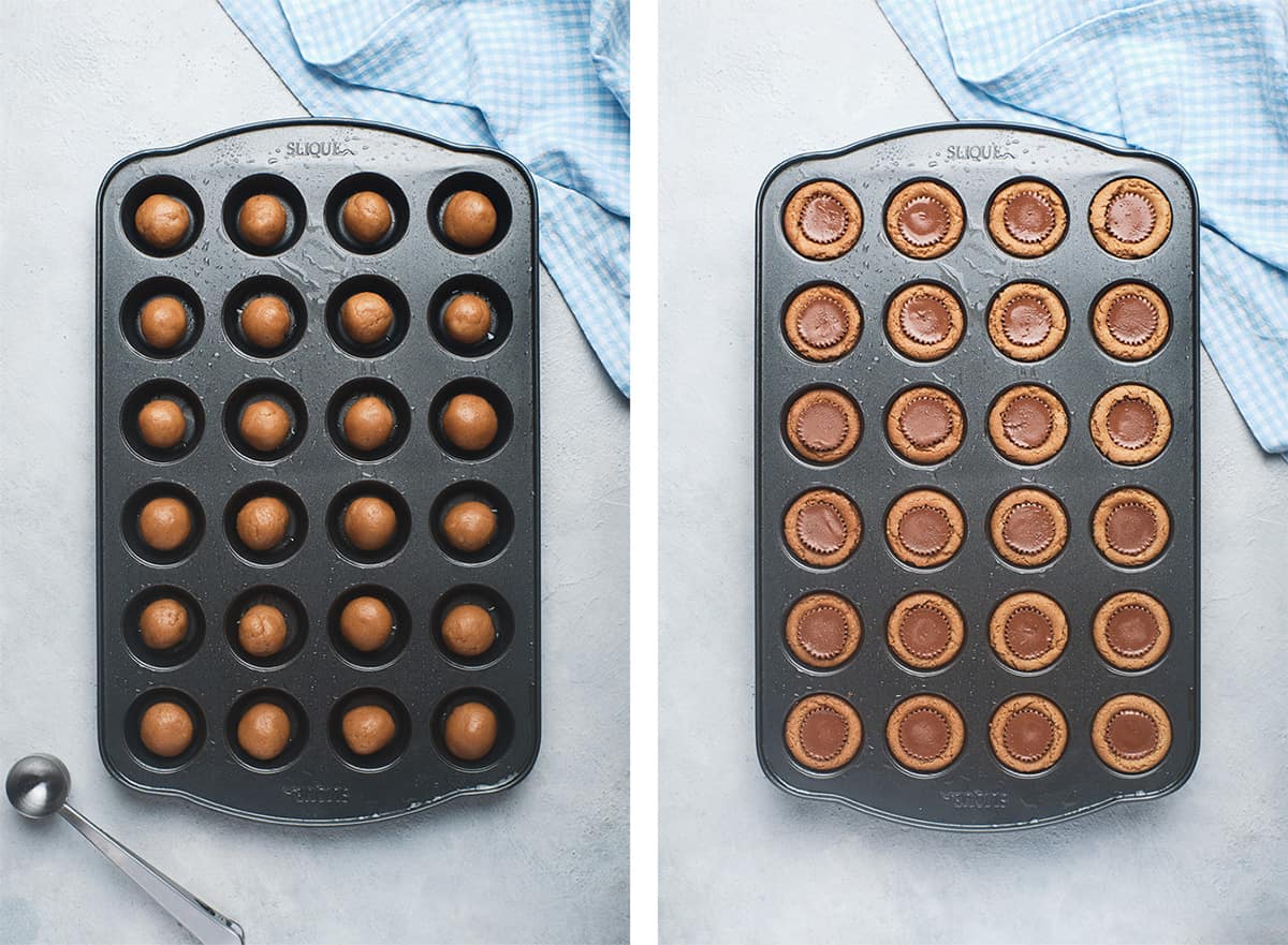 A mini muffin pan filled with balls of cookie dough. Then after baked a Reese's Peanut Butter Cup pressed into the center.