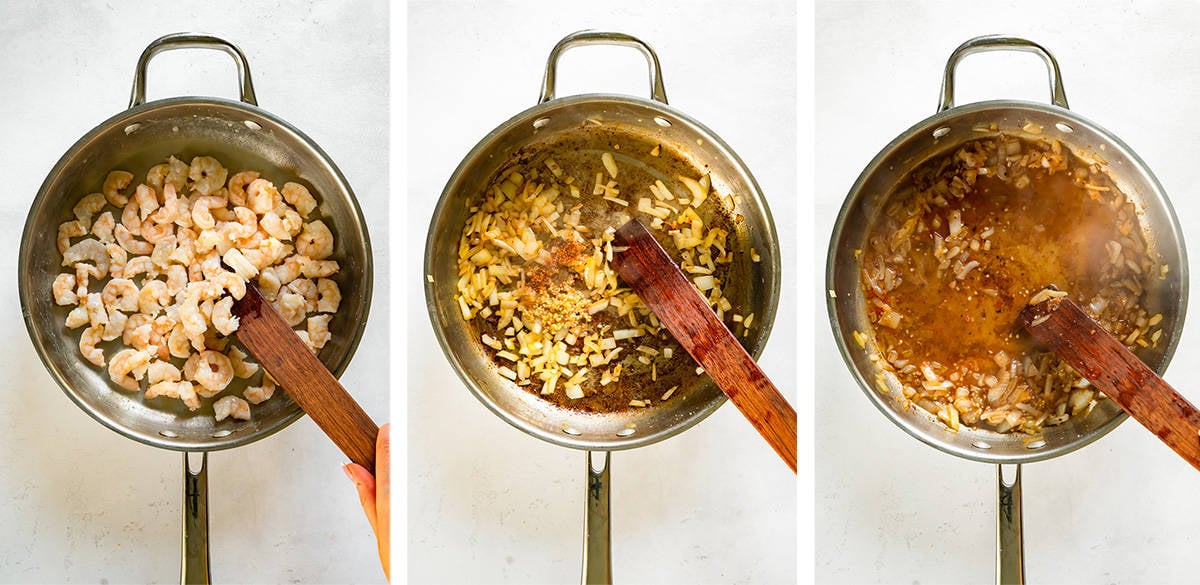 Three images of shrimp, onion, and vodka cooking in a skillet.