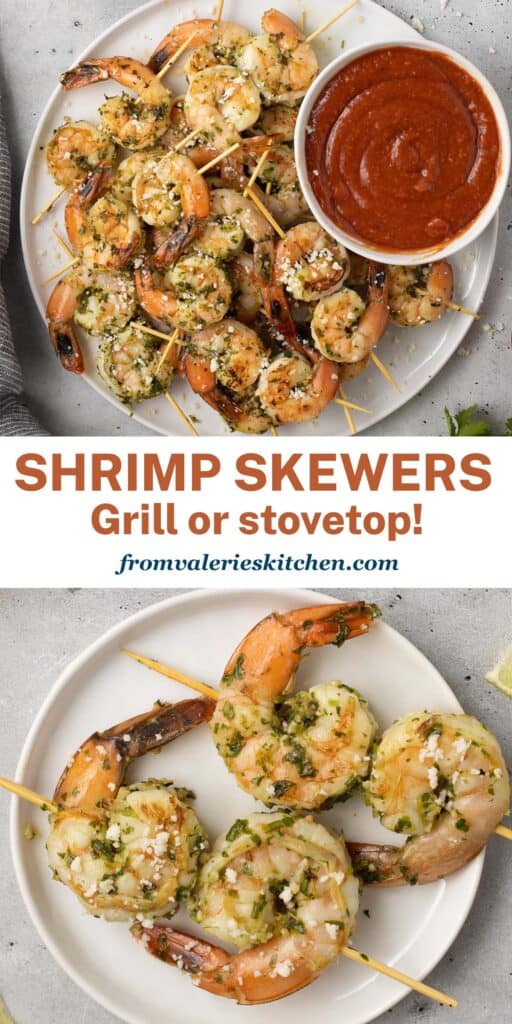 Two images of grilled shrimp on skewers with text.