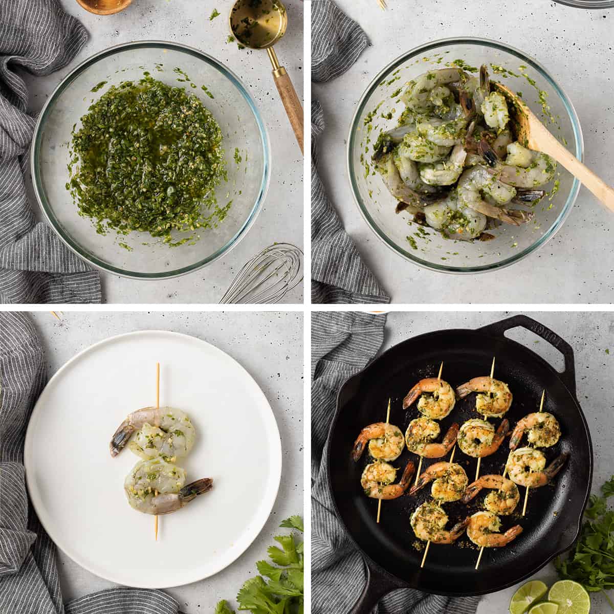 Four images of green marinade in a bowl with shrimp then two marinated shrimp on a skewer. A cast iron skillet filled with shrimp skewers.