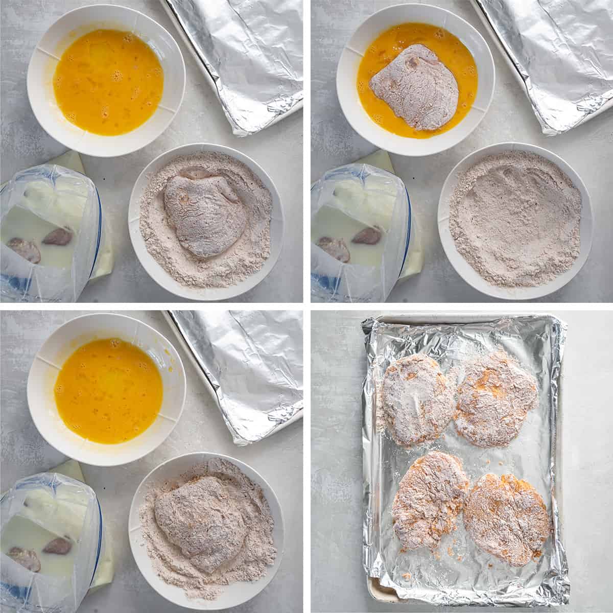 Four images of a piece of chicken being breaded and placed on a foil lined baking sheet.