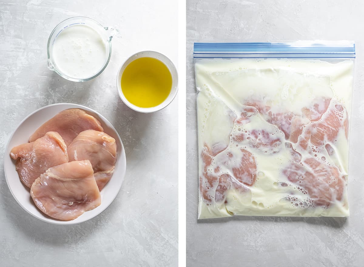 Pieces of chicken in a plastic storage bag with buttermilk and dill pickle juice.