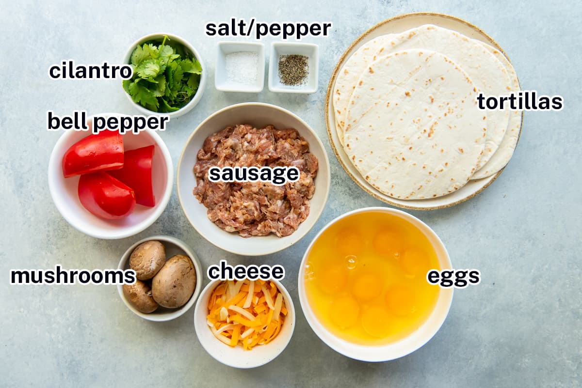 Tortillas, sausage, eggs and other ingredients with text.