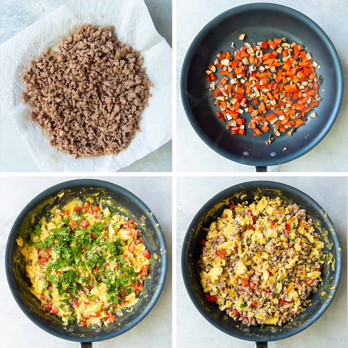 Four images showing a sausage, egg, and bell pepper mixture being cooked in a skillet.