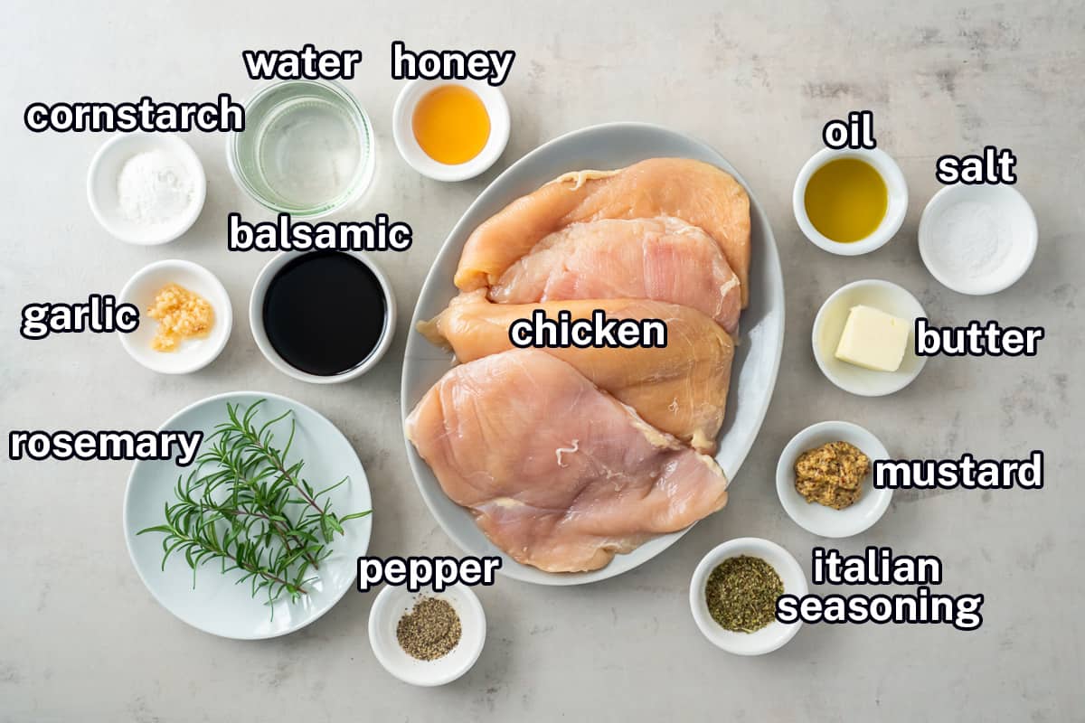 Chicken, balsamic vinegar, rosemary, seasonings and other ingredients in small bowls with text.