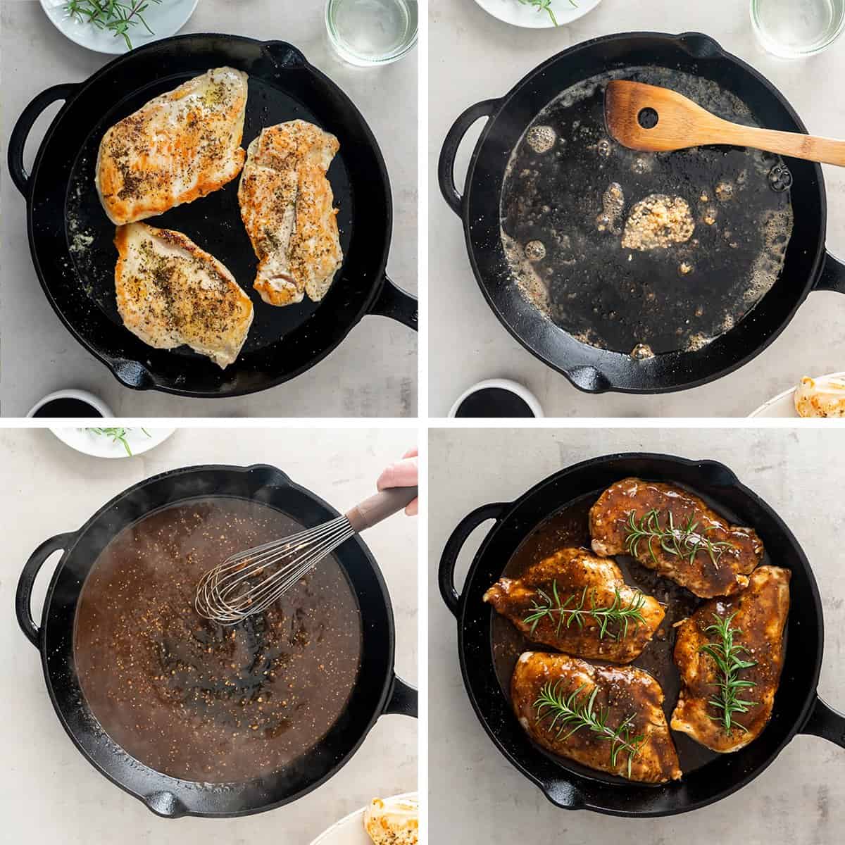 Four images of chicken cooking in a skillet with a balsamic sauce.