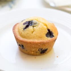 A cornmeal muffin with blueberries on a white plate.
